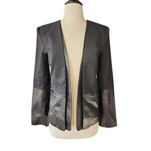 Parker Wool Lambskin Leather Jacket Womens Small Office Grunge Black Open Front